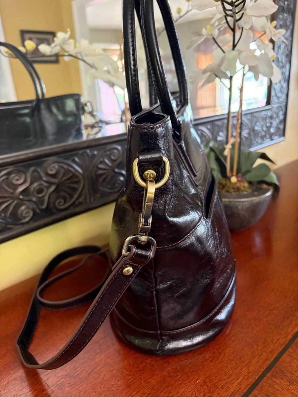 HOBO Maggie Satchel/Crossbody Polished Black Leather And Sleek Handles